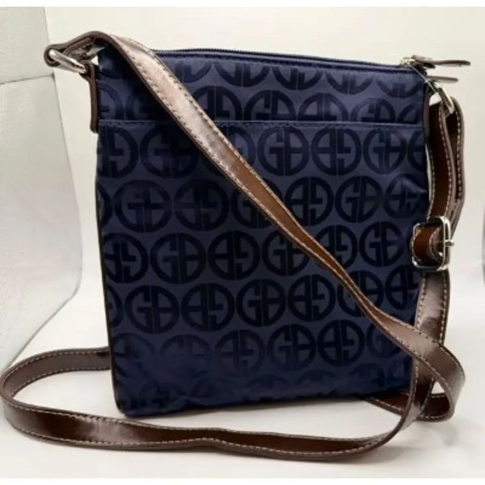 Giani Bernini Navy Blue Monogram Crossbody Bag Nylon Purse Brown Leather Trim